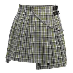 Verão verde xadrez casual assimétrico corrente fivela de cintura treliça cintura alta curta saia plissada feminina