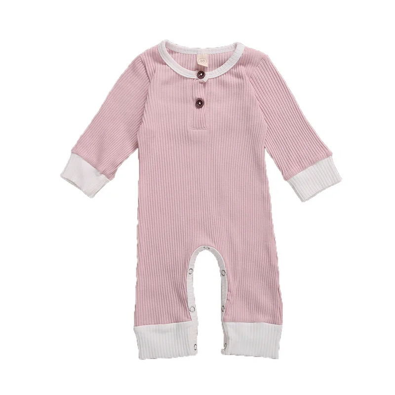 

0-18 Newborn Baby Solid Jumpsuits Round-Neck Spring Autumn Ribbed Long-Sleeves Rompers