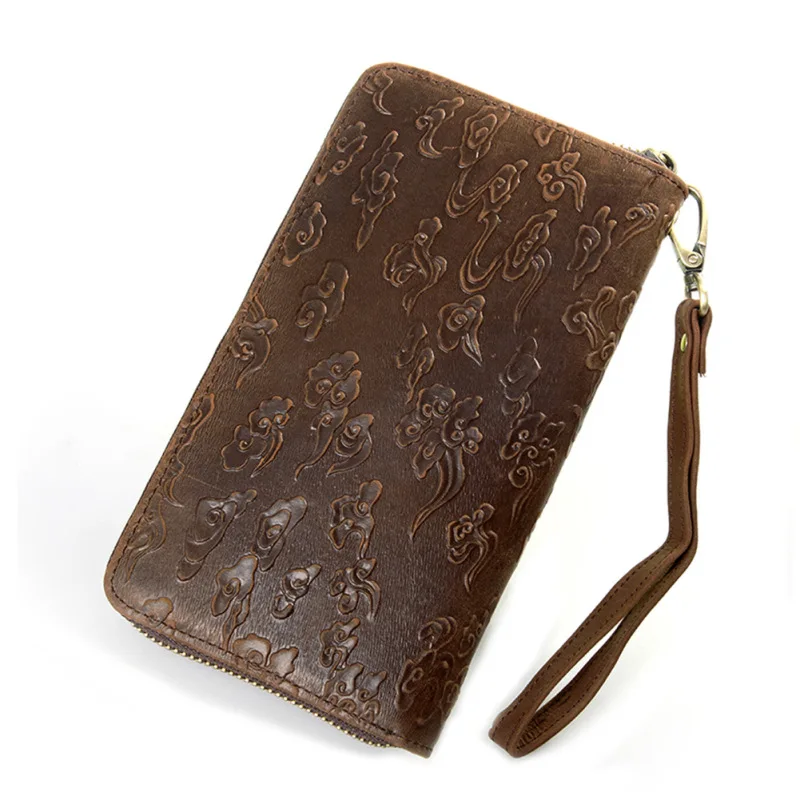 

Horse Leather Clutch Full-grain Leather MEN'S LONG Pattern Wallet Dragon And Tiger Pattern Handmade Retro Wallet Men dan la bao