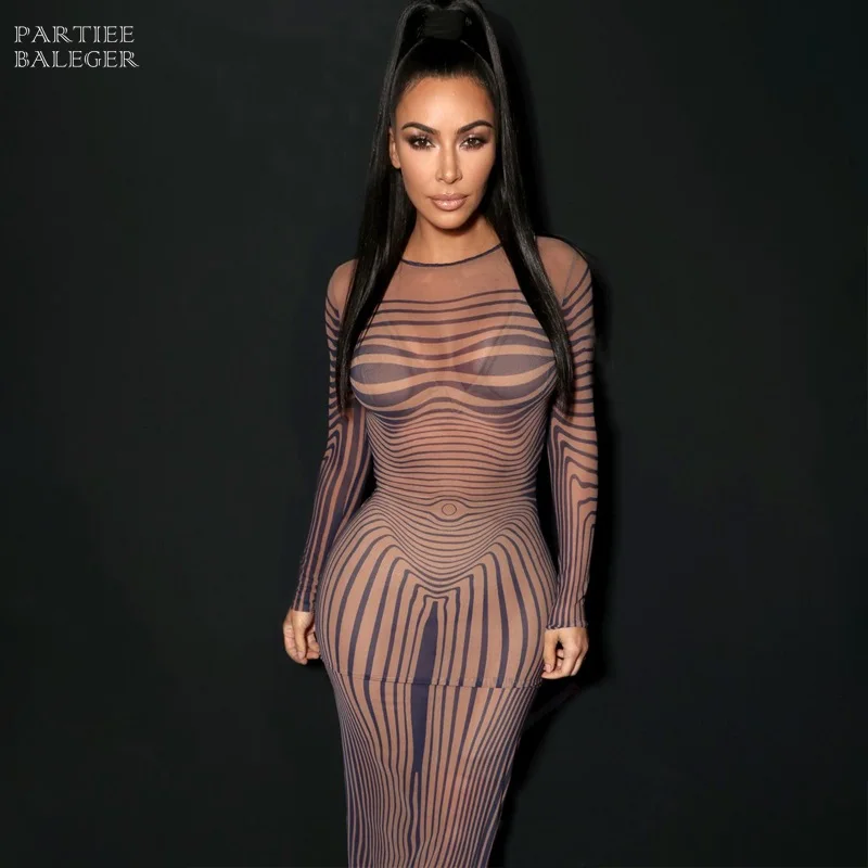 

2019 Autumn Hot New Arrival Mesh Splicing O Neck Long Sleeves Celebrity Evening Party Ankle Length Dress