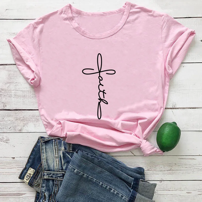 pink tee black text Крест вера футболка для христианина Hipster Религия церковь Иисус футболка со слоганом Графический эстетическое Библии вера Lover гранж Топы И Футболки - Цвет: pink tee black text