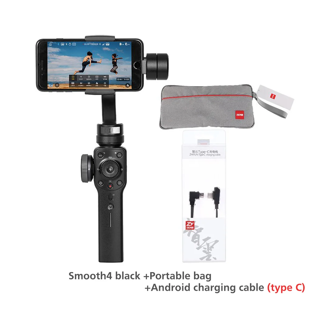 ZHIYUN Smooth 4 3-Axis смартфон официальный стабилизатор для iPhone 11 pro samsung S8 портативный монопод с шарнирным замком Gopro yi Action Камера - Цвет: SM4-black-bag-cable