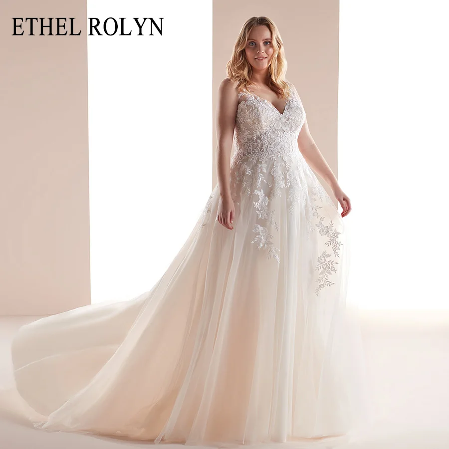 

ETHEL ROLYN Plus Size Wedding Dresses 2020 Vestido De Noiva Sexy V-neckline Sleeveless Boho Appliques Backless Wedding Gowns