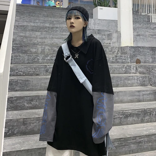 black Корейская уличная женская футболка большого размера, Harajuku, с буквенным принтом, с длинным рукавом, в стиле пэчворк, женская футболка, шикарный отложной воротник, Женский Топ - Цвет: black