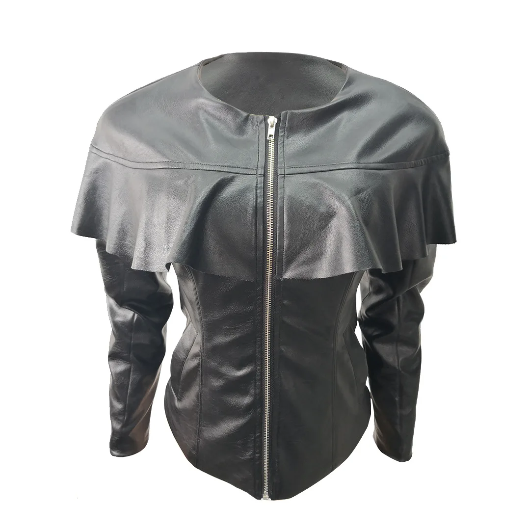 Fashion Solid Womens PU Jackets and Coats Casual Slim Faux Leather Jacket O Neck Motorcycle Coat