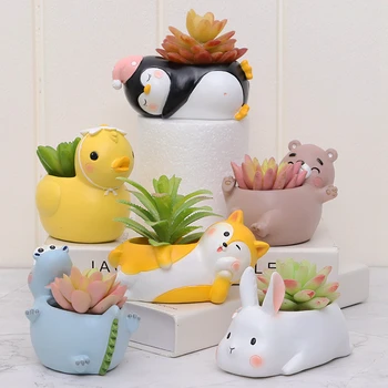 

Animal Fair Flowerpot Resin Succulent Planter Pot with Drain Hole Rabbit Penguin Garden Pot Home Decoration Figurine