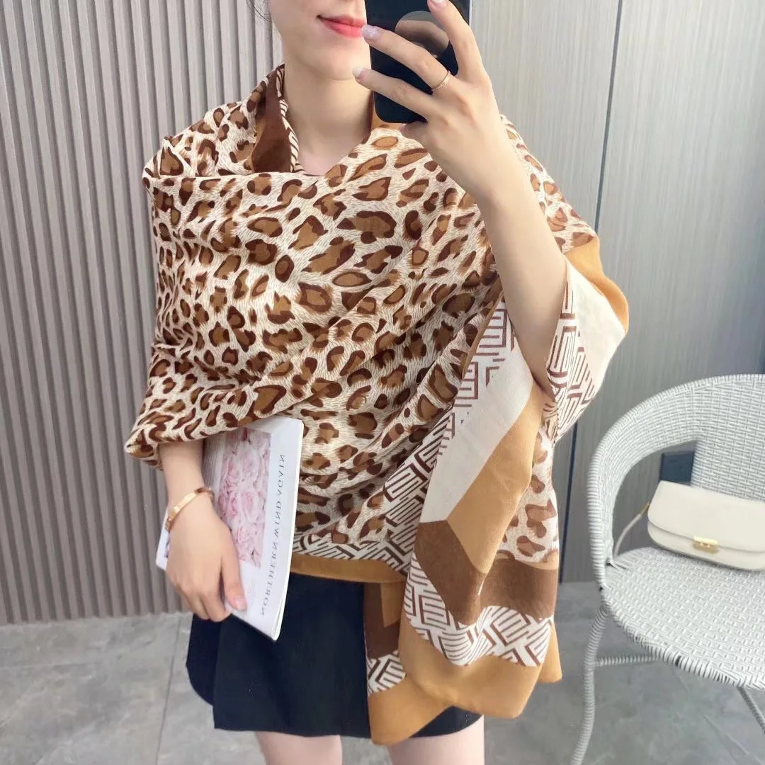 

90X180CM Ladies Autumn Winter Warm Scarves Cotton Linen Hand Feeling Big Shawls Women Leopard Design Neck Decoration Poncho