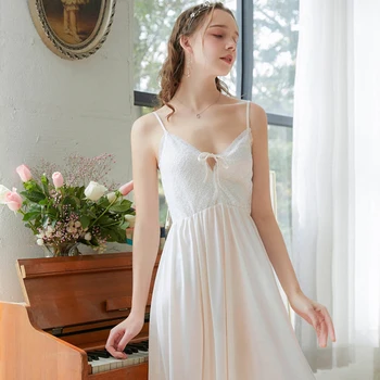 

Roseheart Women White Sexy Sleepwear Night dress Spaghetti Strap Backless Nightwear Homewear Luxury Nightgowns Gown