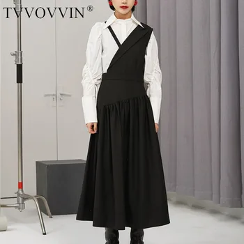 

Women Black Pleated Split Joint Dress New Asymmetrical Collar Sleeveless Loose Fit Fashion Tide Spring Autumn 2020 1N375