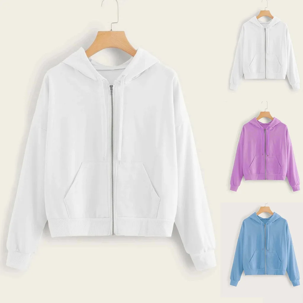 Модная толстовка с капюшоном на молнии Женская Повседневная однотонная длинным