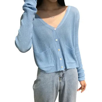 

Knitted Cardigan Sweater Women Simple Solid Straight Bottom Clothing Autumn Sweater Sunscreen Female