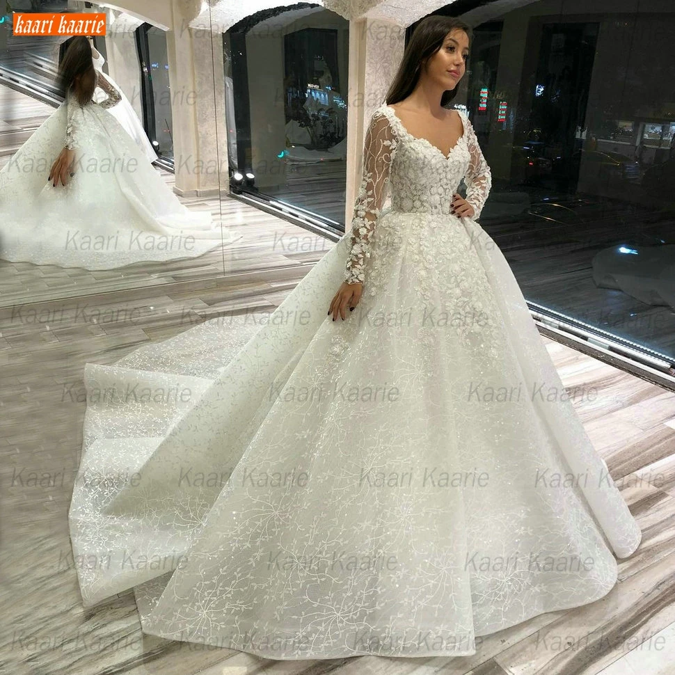Luxury Lace Wedding Dresses Long Sleeves 2021 robe de mariage Beaded Appliqued Ball Gown Bridal Dresses Arabian vestido de noiva 3