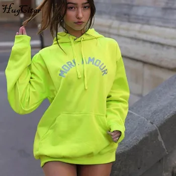 

Hugcitar 2019 cotton hooded reflective leeters print sweatshirts autumn winter women baggy treetwear kpop couple top