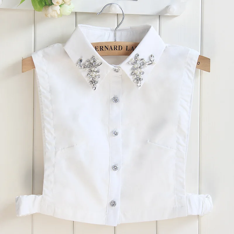 Bling Rhinestone Beads Decoration Lapel Shirt Blouse Detachable Collars Women Ladies Solid Color All-Match Fake Collar FS0462