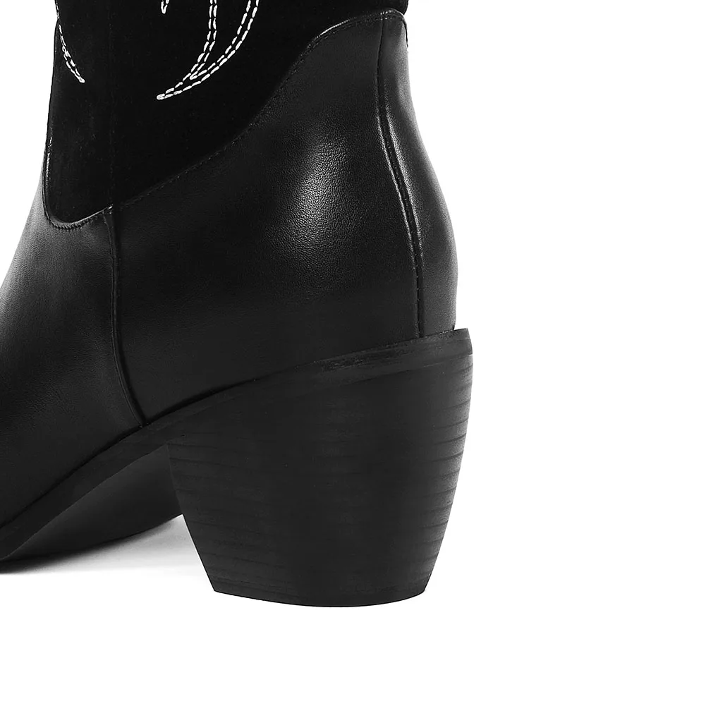 BONJOMARISA New 34-46 Brand Pointed Toe Sewing Cowboy Boots Ladies Trendy mid-calf Western Boots Lady High Heel Shoes Woman