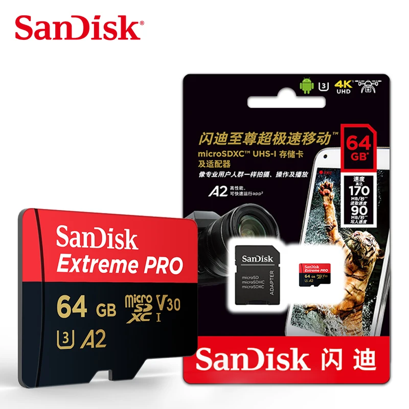 Sandisk Экстремальный Pro Micro SD карта A2 V30 карта памяти 32 Гб 64 Гб 128 ГБ TF карта класса 10 16 Гб 200 ГБ 256 ГБ флэш-карта - Емкость: 64GB