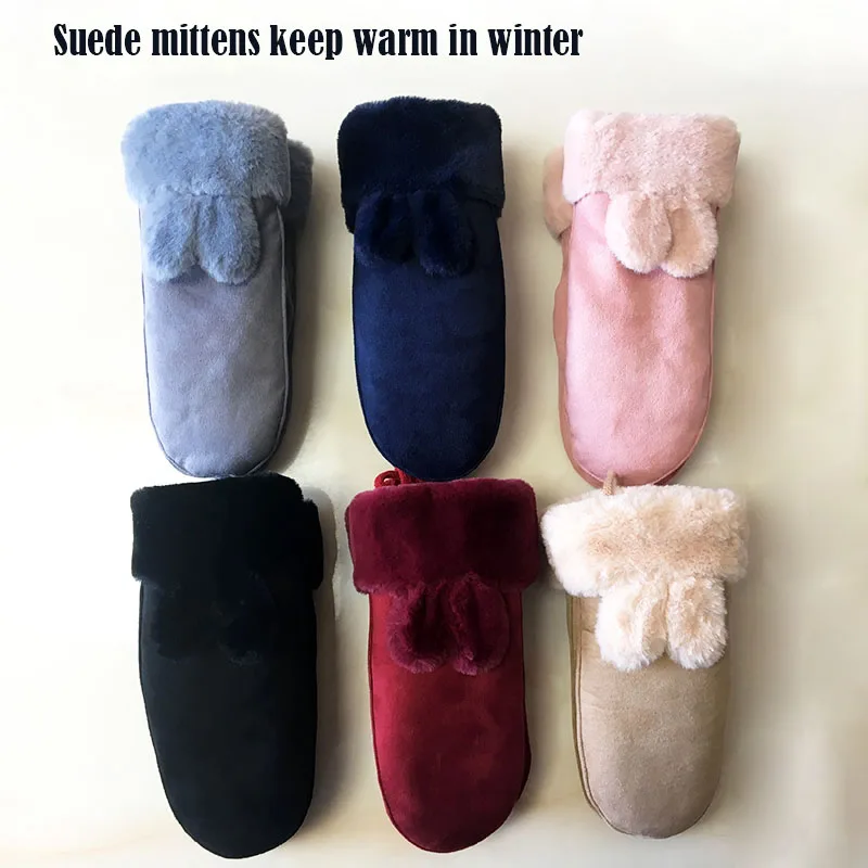 Winter Warm Suede Knitted Mittens Women's Color Plus Velvet Thickening Outdoor Windproof and Cold-Proof Girl Student Gloves