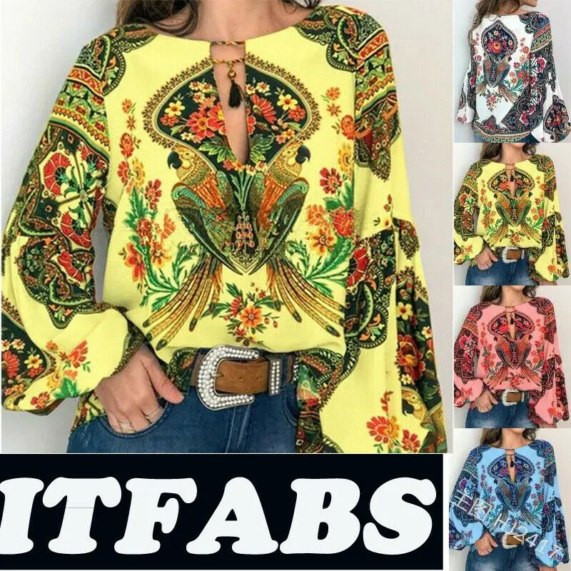 

2019 New Hot Women Autumn Summer Boho Floral V-Neck Long Lantern Sleeve Oversize Blouse Tops Plus Size S-3XL Loose Ladies Shirts
