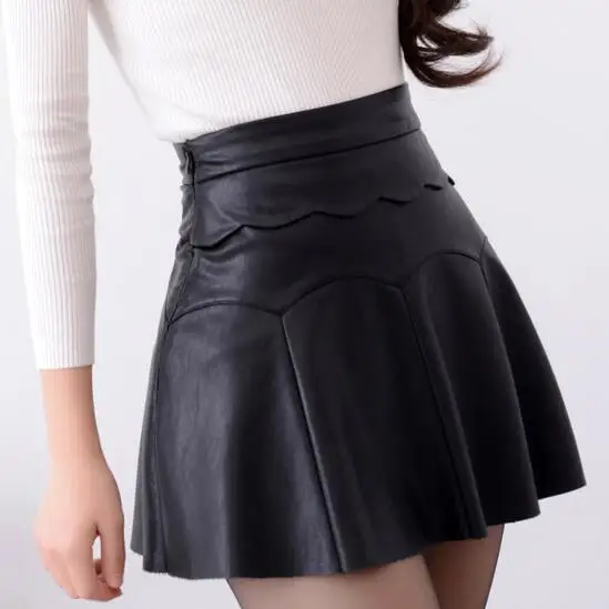 

2019 Russia Fashion Black Red high quality leather Skirt Women Vintage High Waist Pleated Skirt Female Short Skirts AH94