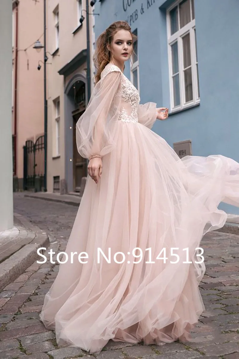 Трапециевидные Свадебные платья Vestido De Noiva Mariage, пляжные Длинные Пышные Рукава, кружевные аппликации, v-образный вырез, свадебное платье свадьба, платья