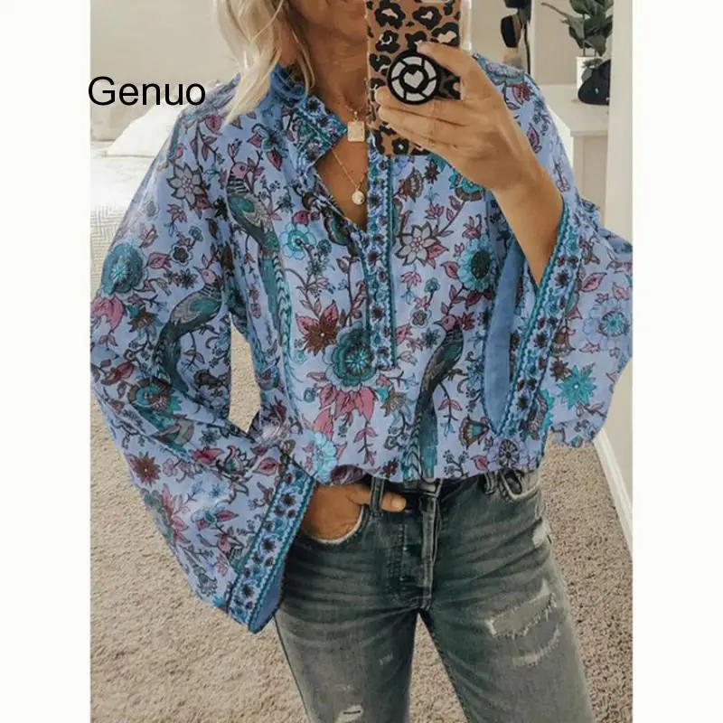 

Bohemian Chiffon Shirt Women Flower Print Loose Shirt Button Wide Long Sleeve Top Beach Boho Shirts 2020 New