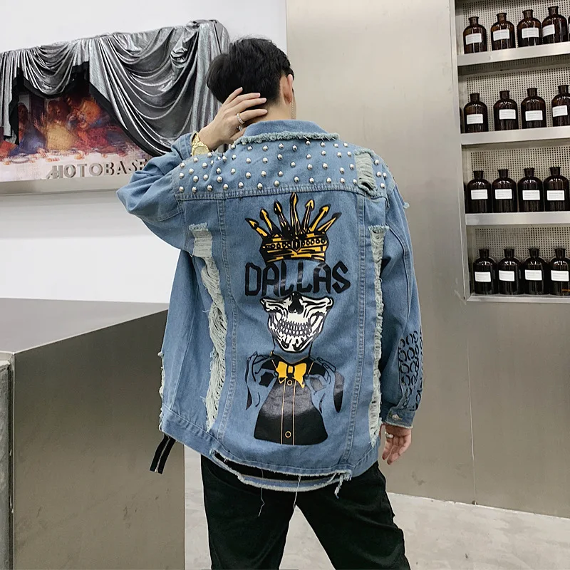 

Rivet Cowboy Jacket Printing Zipper Decoration Male Loose Coat