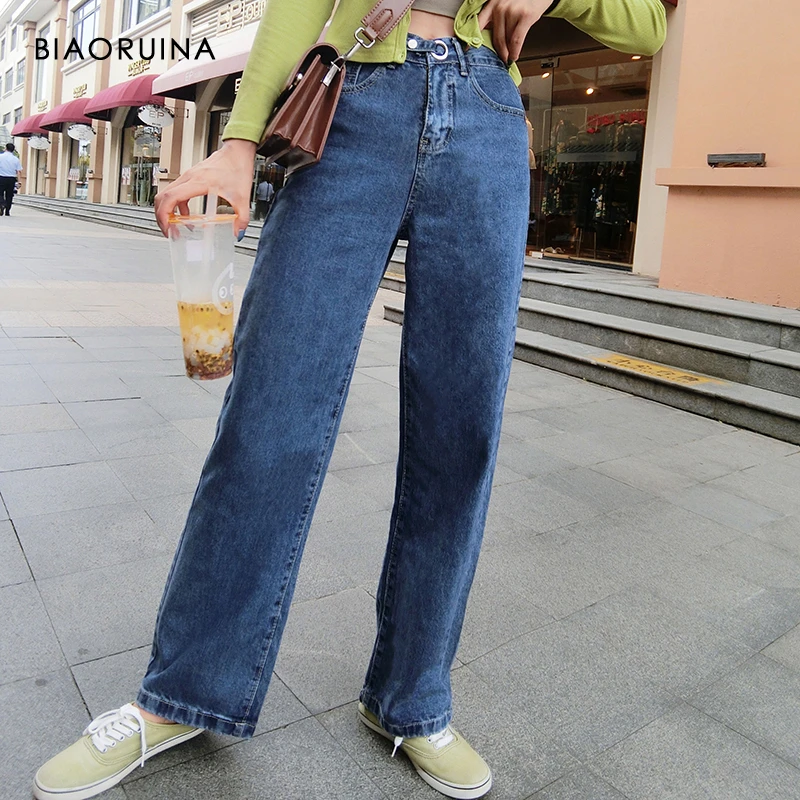 

BIAORUINA Women's Fashion High Waist Koren Style Denim Jeans Female Loose Wide Leg Belted Jeans Girls Casual Streetwear