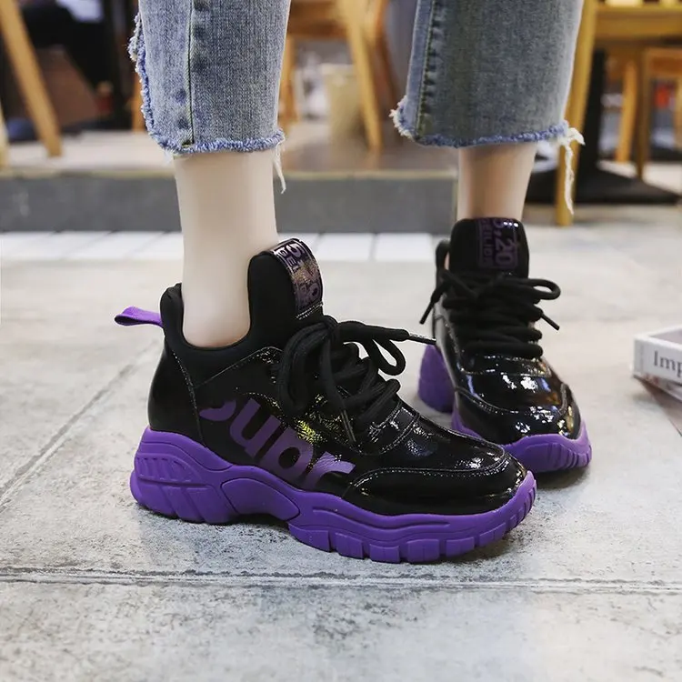 

Black Beige Patent Leather Winter Sneakers Women Casual Shoes Trendy Chunky Trainers Women Hip Hop Street Sneakers for Girls