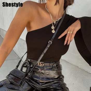 

Shestyle One Shoulder Form Fitting Bodysuit Stretchy Sexy Solid Long Flare Sleeve Basics Bodysuits Women 2020 Summer Skinny Body