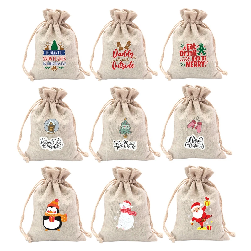 10x14cm 13x18cm White Christmas Cotton Linen Printing Gift Bag Drawstring Gift Bags Jewelry Gift