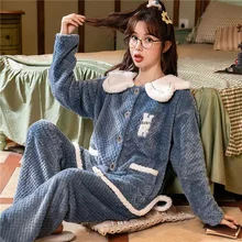 

Winter Coral Fleece Pajamas Set Women Flannel Thick Warm Sleepwear Long Sleeve 2 Pieces/Sets Homewear Nightwear Suit