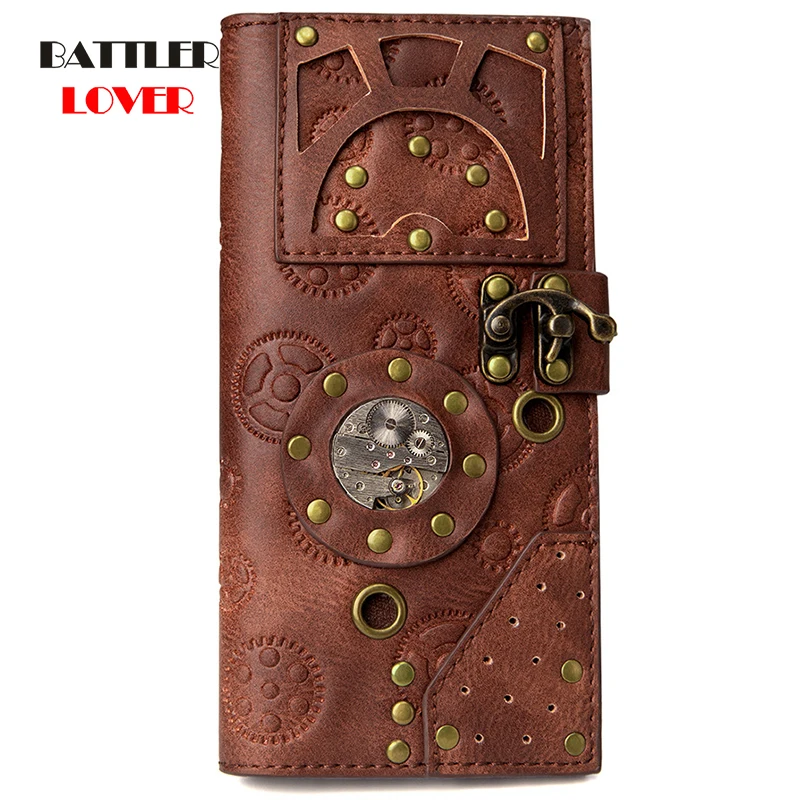 Steampunk Female Long Printed Gear Movement Wallet Leather Womens Buckle Rivet Coins Purse European Card Holder Mobile Phone Bag