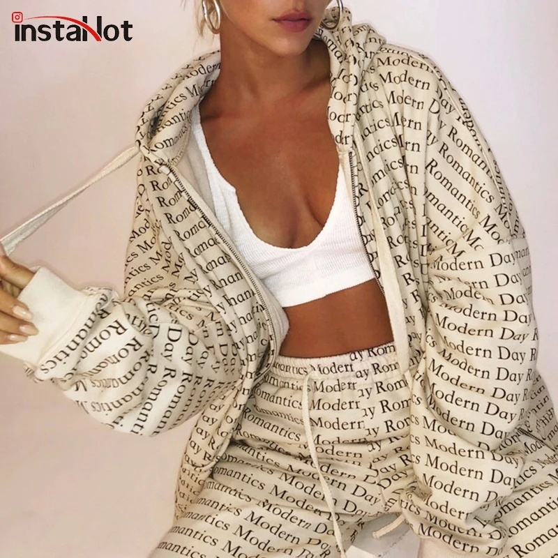 

InstaHot Autumn Drawstring Hooded Outwear Women Letter Printed Coat Warm Apricot Outerwear Casual Streetwear Zipper Up Coat
