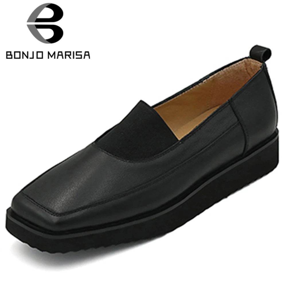 

BONJOMARISA New 34-40 Ladies Genuine Leather Loafers Fashion Square Toe Shallow Flats Women 2020 Casual Office Shoes Woman