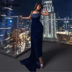 Sumnus Dark Navy Velvet Formal Dresses Women Evening Gowns Sheath Spaghetti Strapless Beaded Prom Party Dress Girls Special Occ