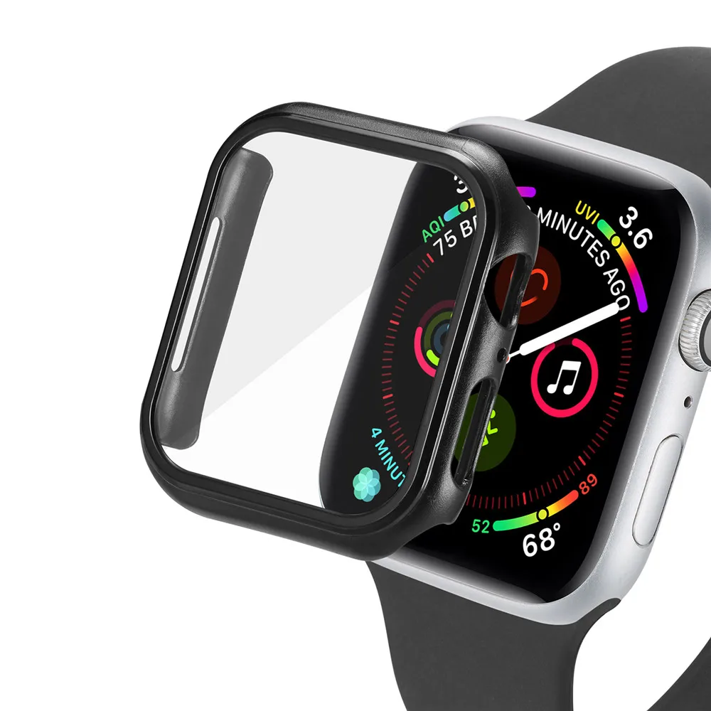 Black Защитный чехол для экрана+ пленка из закаленного стекла для Apple Watch 38 мм 42 мм 40 мм 44 мм матовая полная защита для iWatch 5 4 3 2 1 - Цвет ремешка: Black