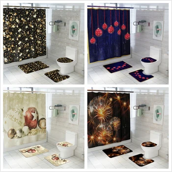 

4PC/Set Anti-Slip Bathroom Toilet Rug+Lid Toilet Cover+Bath Mat+Shower Curtain Christmas Home Decoration