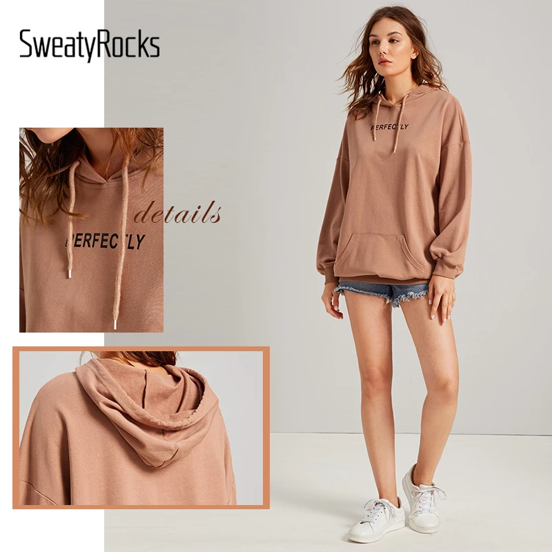 SweatyRocks худи цвета хаки с заниженным плечом, графическая Толстовка на шнурке, весна, толстовки больших размеров, повседневные женские толстовки с капюшоном