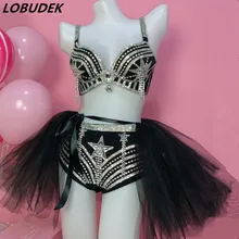 Роскошные стразы бюстгальтер со звездами Высокая талия шорты юбка бикини набор сценический подиум для моделей шоу представление одежда ночной клуб костюм