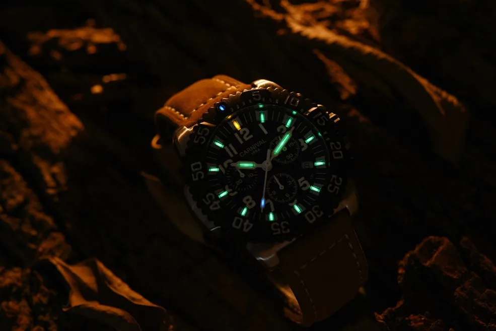 Хронограф Спортивные часы для мужчин карнавал T25 Тритий Светящиеся кварцевые военные часы из натуральной кожи ремешок часы Relogio masculino