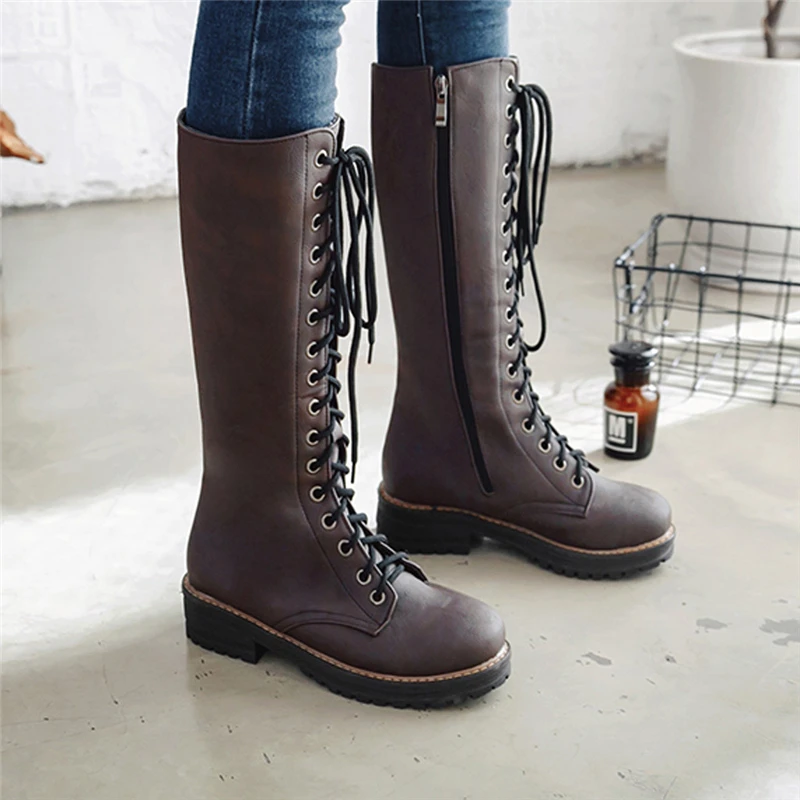 

Women's Boots Retro Square Heels Lace-Up Round Toe Botas Mujer Largas Autumn Plus Size Leather Mid-Calf Boots For Women #5