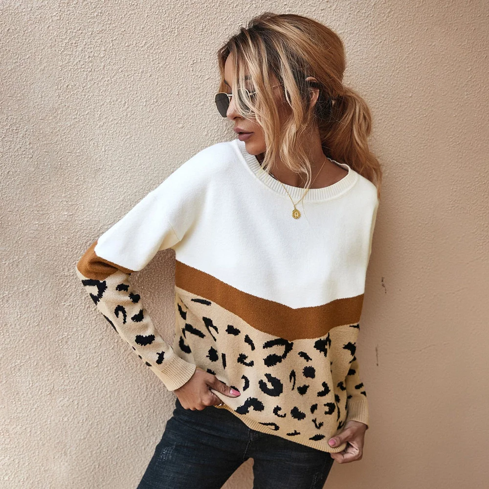 Fashion Leopard Patchwork Autumn Winter 2021 Ladies Knitted Sweater Women O-neck Full Sleeve Jumper Pullovers Top Khaki Brown 1