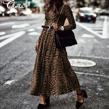 Женское платье с леопардовым принтом, модное платье с длинным рукавом в стиле ретро, повседневное свободное плиссированное платье размера плюс вечерние платья макси