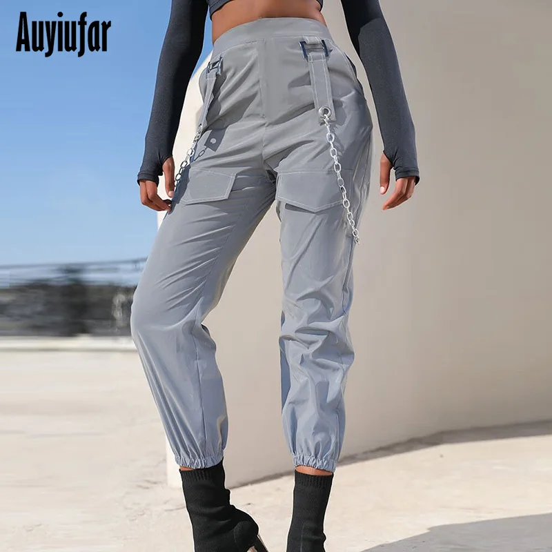 Gray AuyiufarReflective Cargo Pants Women Suspender Trousers with Pockets Fashion Loose Streetwear Female's Trousers with Train - Цвет: Gray