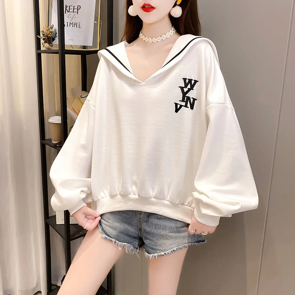 

Hoodie Women 2020 Pullover Plus Cashmere Keep Warm Loose Autumn Winter Navy Collar V-neck Fashion Long Sleeve Sweatshirt Letter