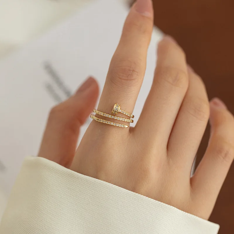 Multi-Layer Nail Inlaid With Rhinestones Round Open Rings For Women Korean Fashion Charm Lady Wedding Bands Party Classic Rings