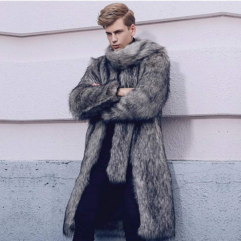 Мужская одежда осень и зима стиль шуба из искусственного лисьего меха Длинный плащ теплое пальто Трендовое пальто