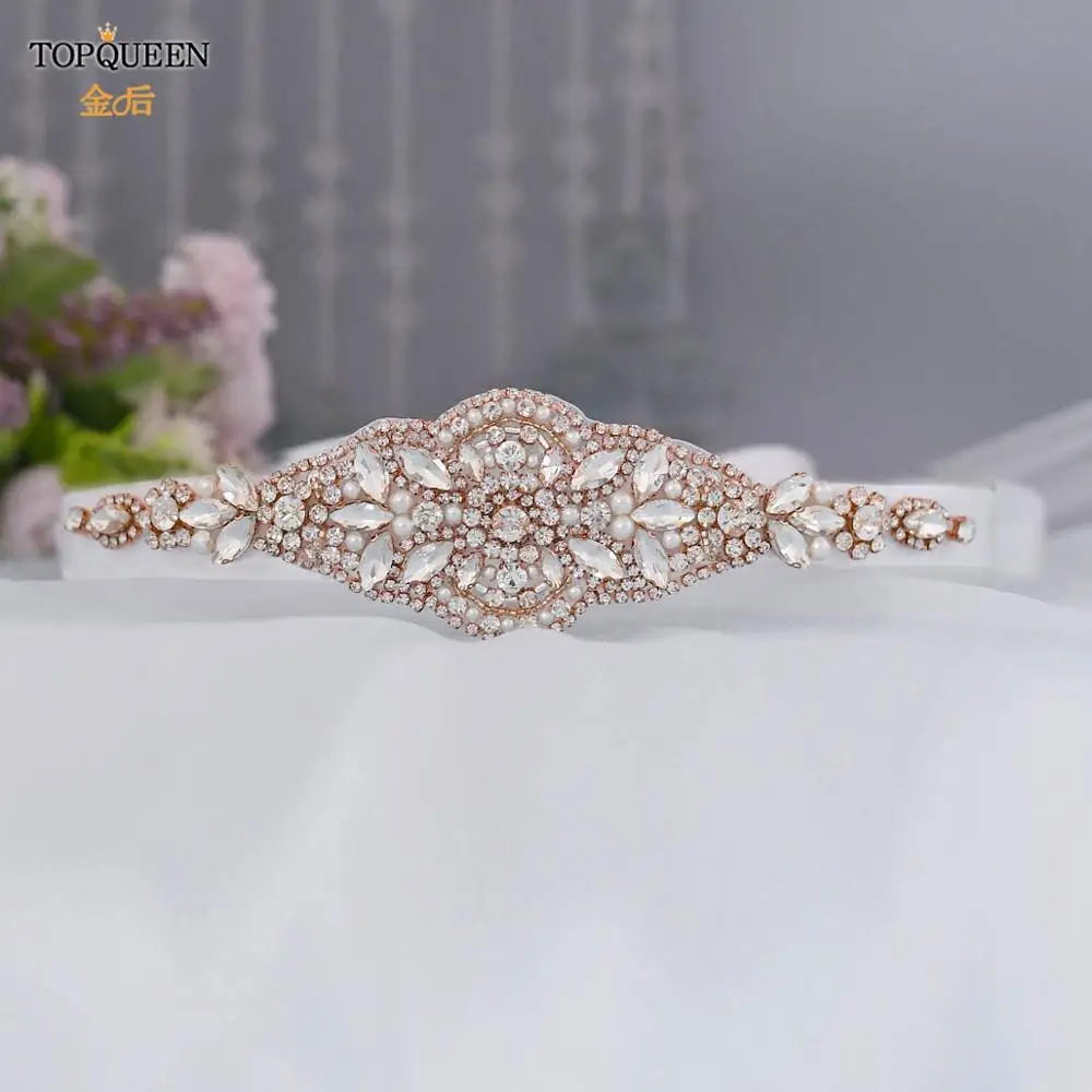 

TOPQUEEN S425 Bridal Dress for Wedding Pink Ribbon Sash Belt Rhinestone Fancy Belt Pink Dress Belt Rose Gold Belt for Women