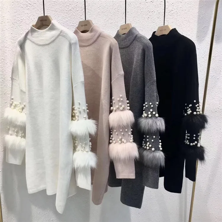 New Faux Fur Embellished Sleeve Sweater Long-sleeve Jumpers with pearls Turtleneck Pull Casual Pullovers Jersey Mujer Invierno | Женская