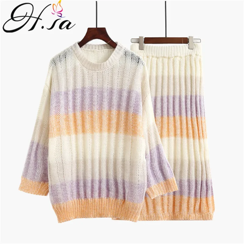 

H.SA 2019 Women Sweater Suit Candy Colorful Striped Pull Jumpers Pullover and Skirts Sweater Set Elegant Knitwear Set In Winter